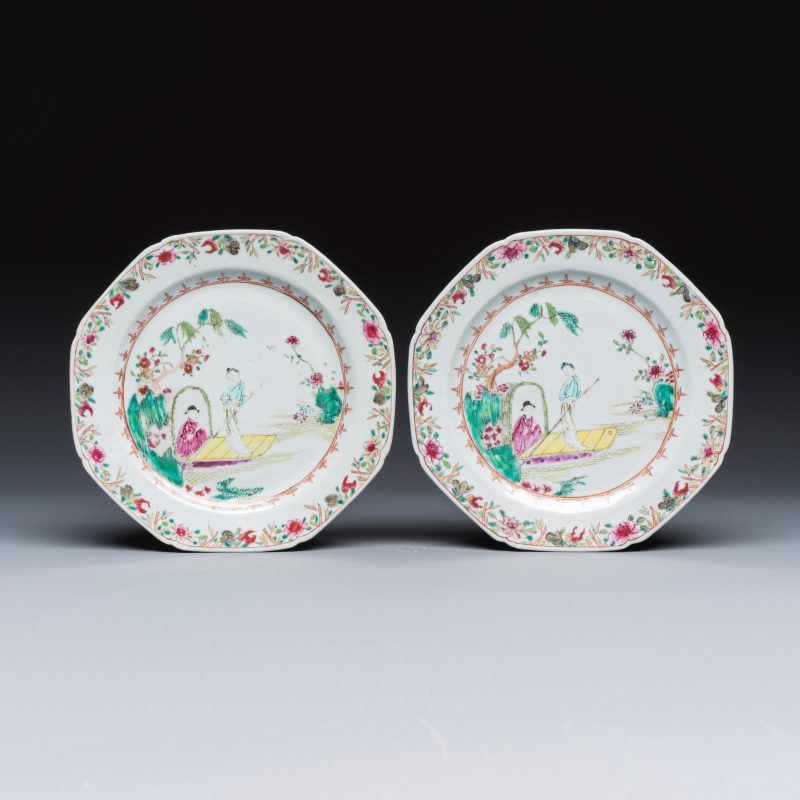 A pair of octagonal Chinese famille rose plates with a boat on a river