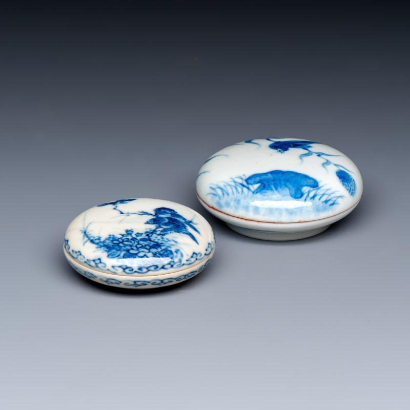 Two Chinese blue and white Wang Bu-style seal paste boxes and covers