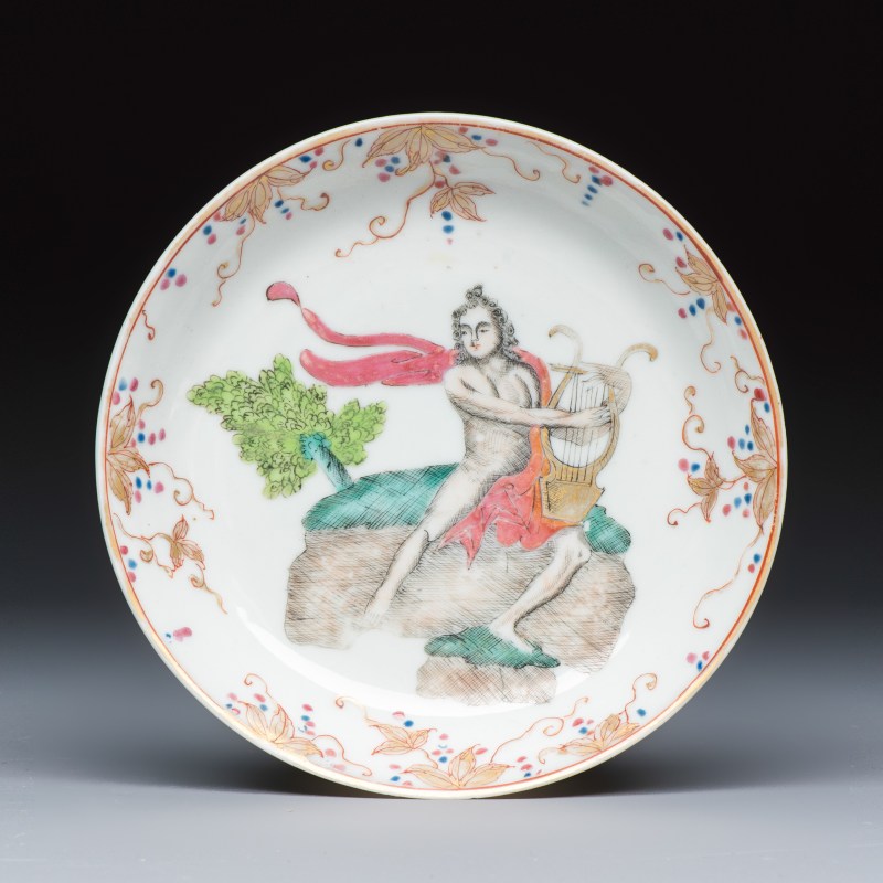 A rare Chinese famille rose export tea bowl and saucer with 'Apollo Playing the Lyre' - 图2