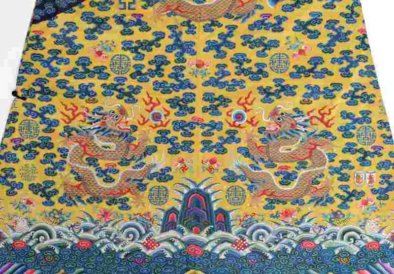 A rare yellow-ground silk kesi Twelve-Symbol semi formal dragon robe, Longpao - 图4