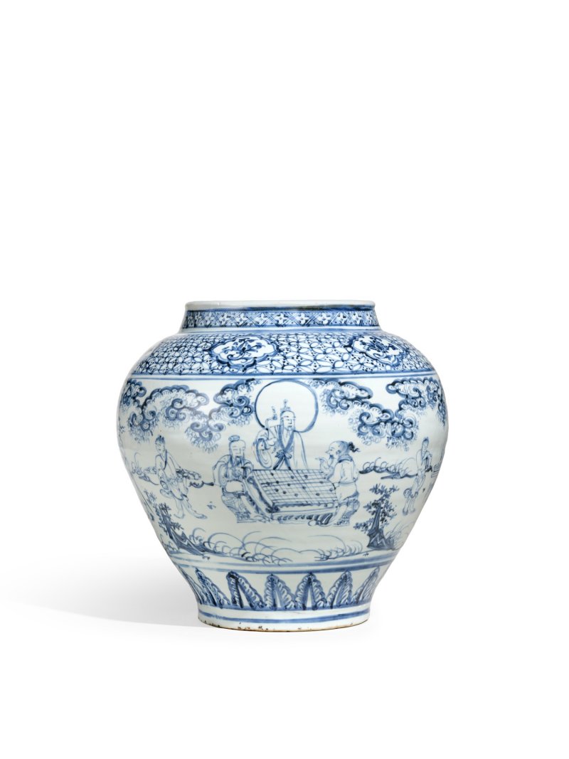 A blue and white 'scholars’ jar, Ming dynasty, 15th century | 明十五世紀　青花琴棋圖罐