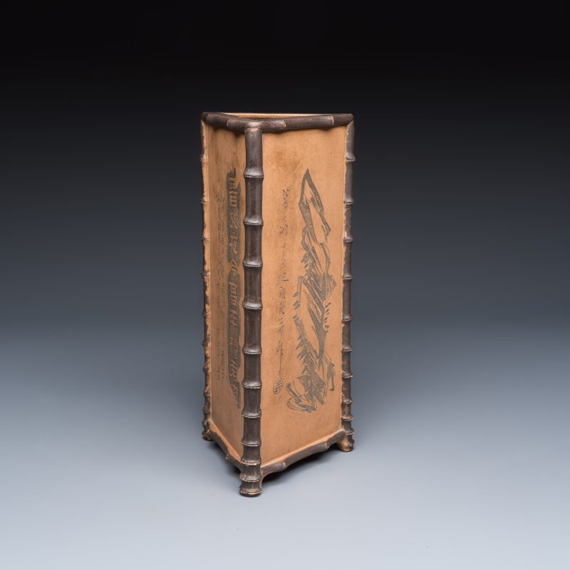 A Chinese Yixing stoneware incised triangular hat stand - 图1