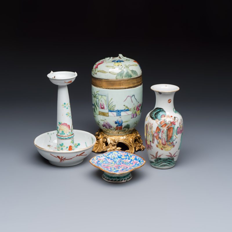 Four Chinese famille rose wares, one with gilt-bronze mounts