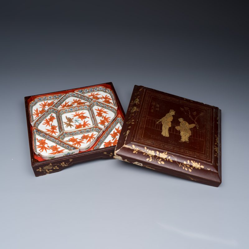 A Chinese famille rose 'Goldfish' nine-piece sweetmeat set in a gilt-lacquered box and cover