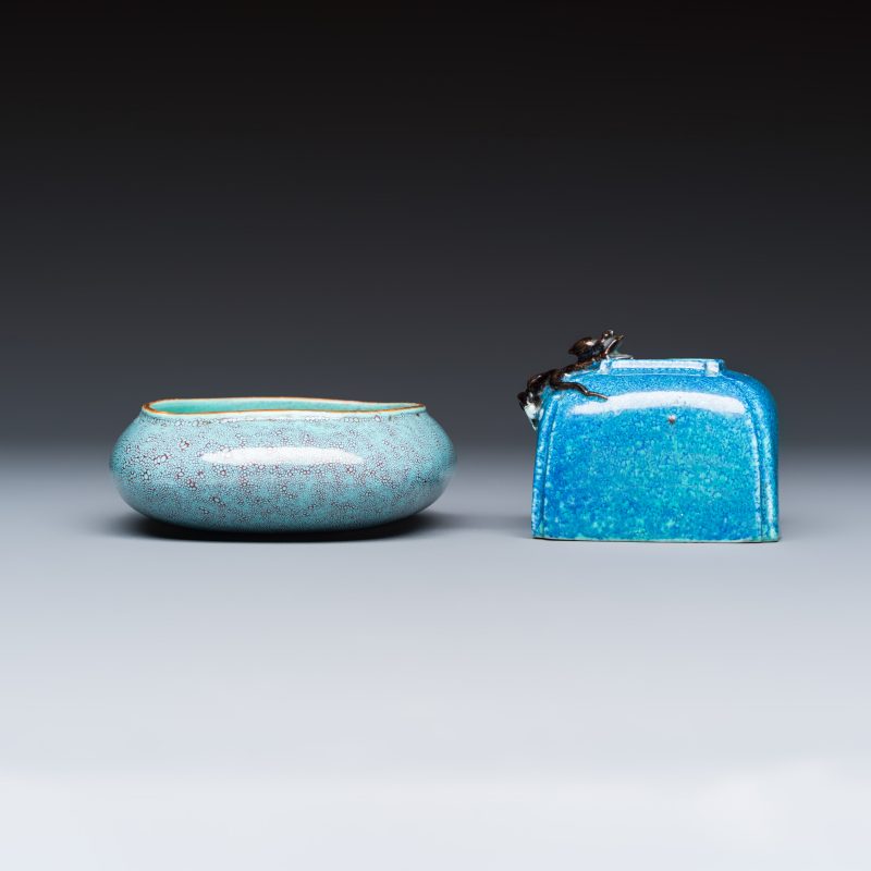 A Chinese robin’s egg-glazed 'Chilong' square brush pot and a brush washer - 图3