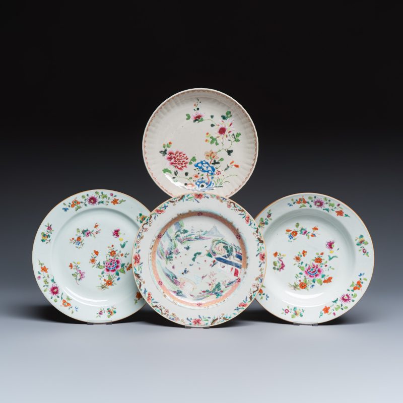 Four Chinese famille rose plates with floral and landscape design