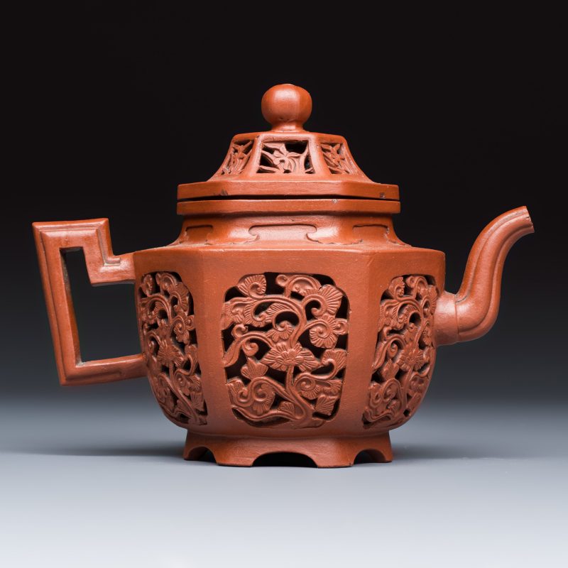 A Chinese Yixing stoneware openworked double-walled teapot and cover with floral design - 图4
