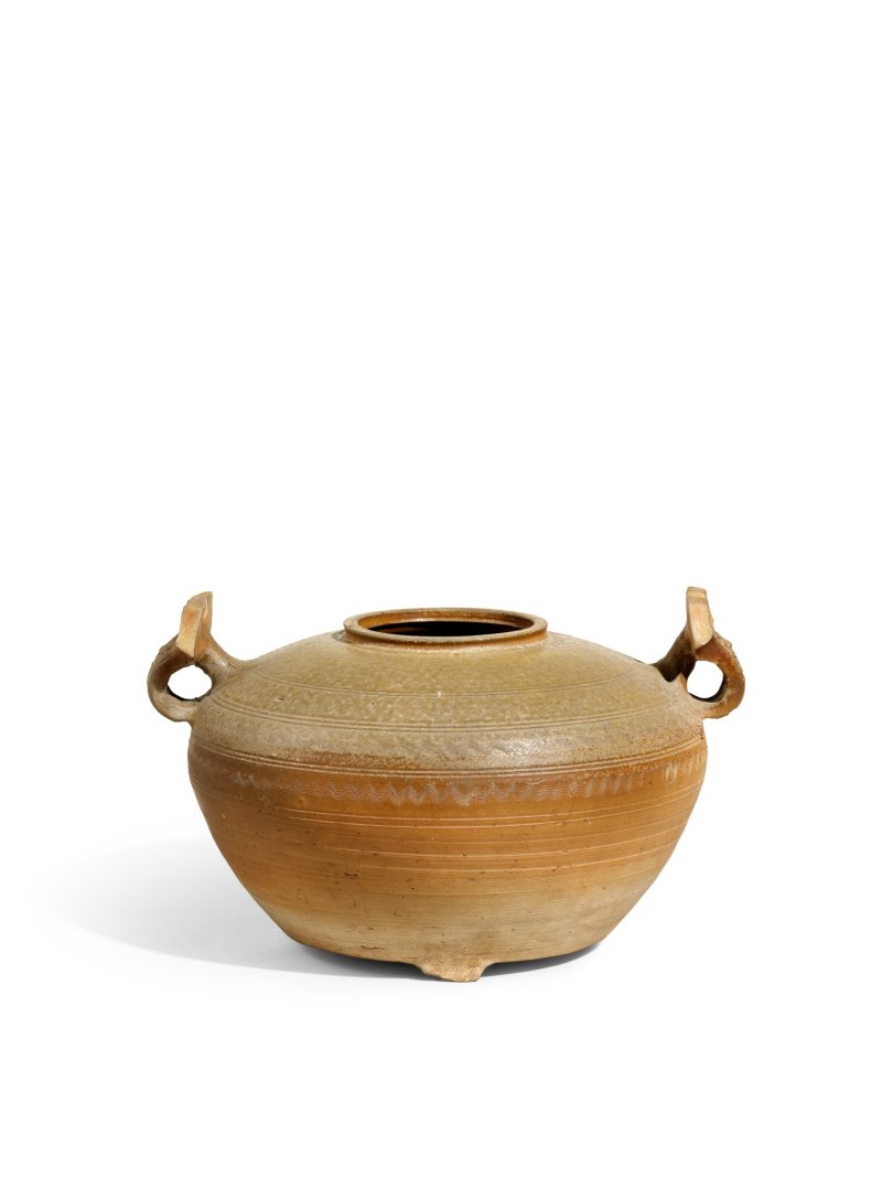A large proto-porcelain handled jar, Western Han dynasty | 西漢　原始青瓷水波紋雙耳瓿