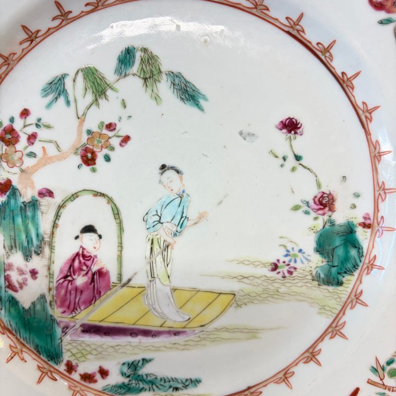 A pair of octagonal Chinese famille rose plates with a boat on a river - 图9