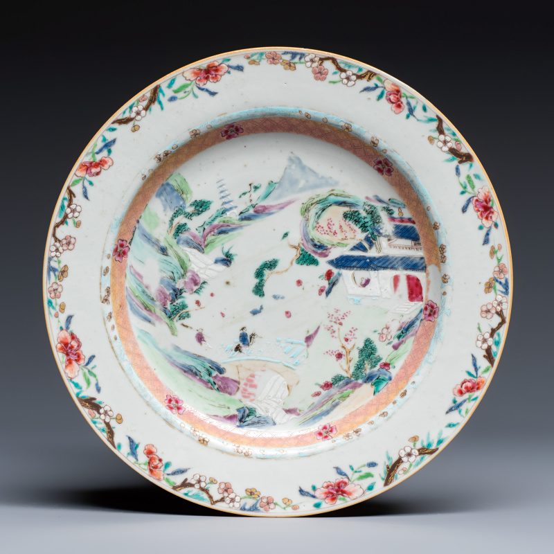 Four Chinese famille rose plates with floral and landscape design - 图2