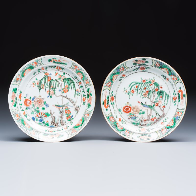 A pair of Chinese famille verte 'Bird among Willow and Flowering Branches' plates