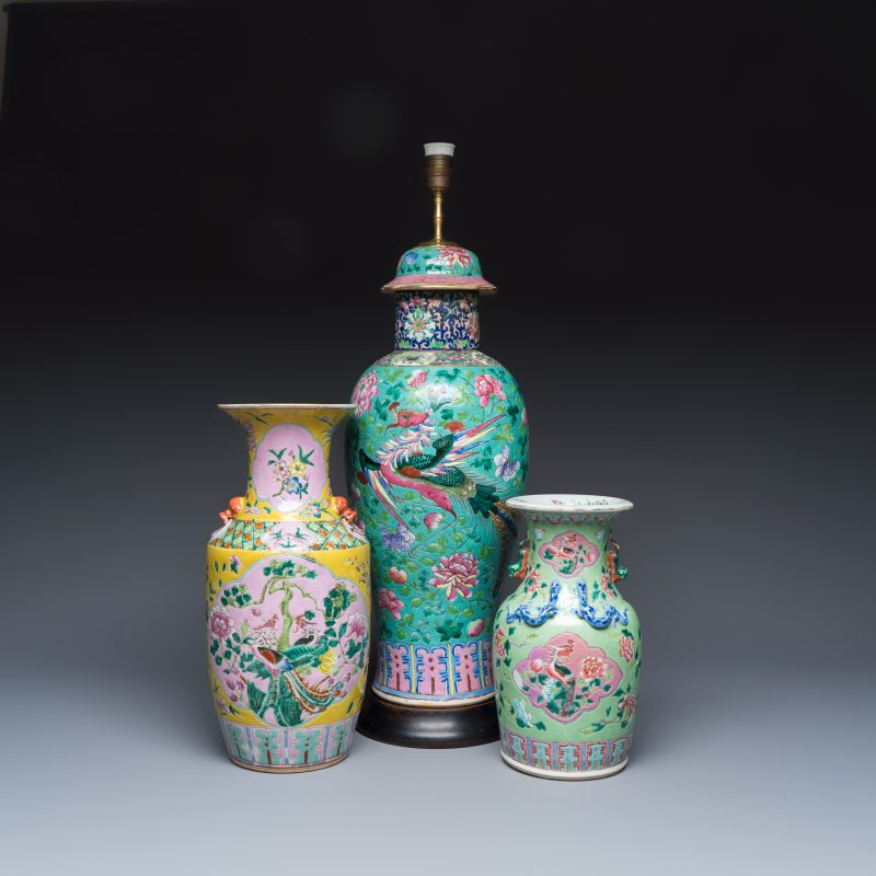 Three Chinese famille rose vases for the Straits or Peranakan market, one mounted as a lamp
