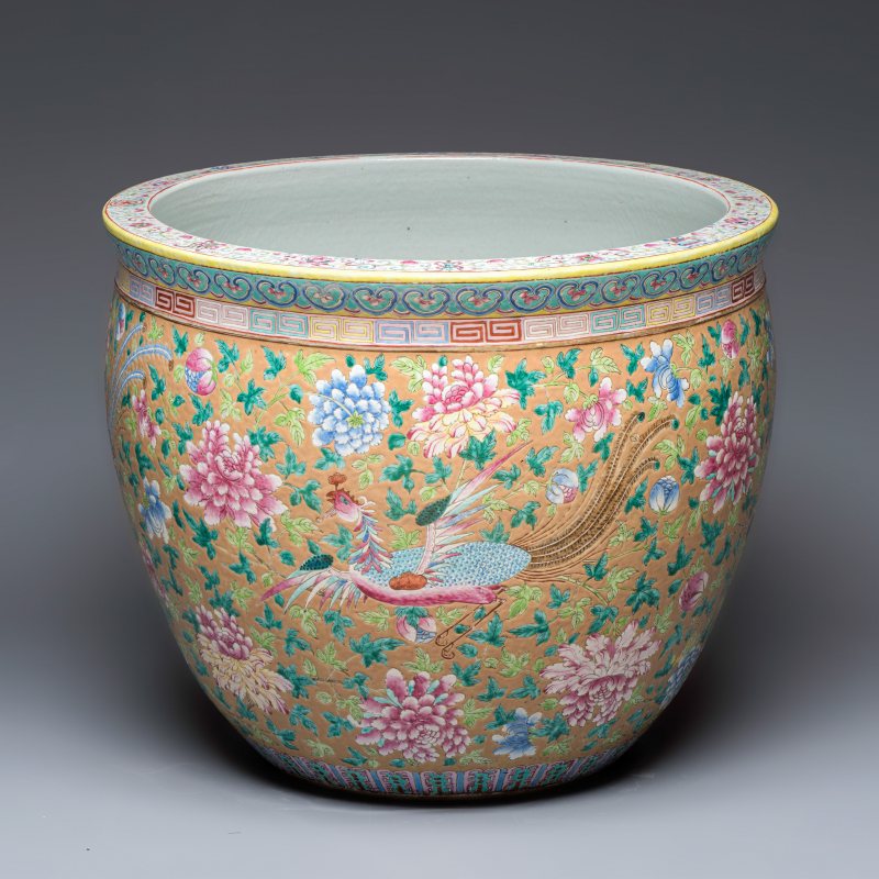 A large Chinese famille rose 'Phoenixes and Peonies' fish bowl for the Straits or Peranakan market