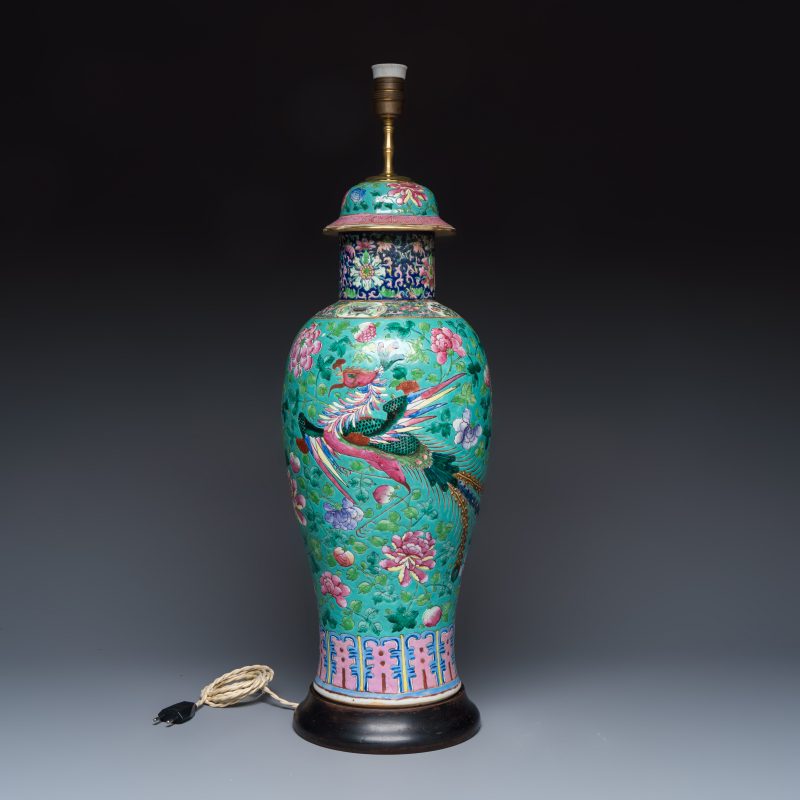 Three Chinese famille rose vases for the Straits or Peranakan market, one mounted as a lamp - 图2