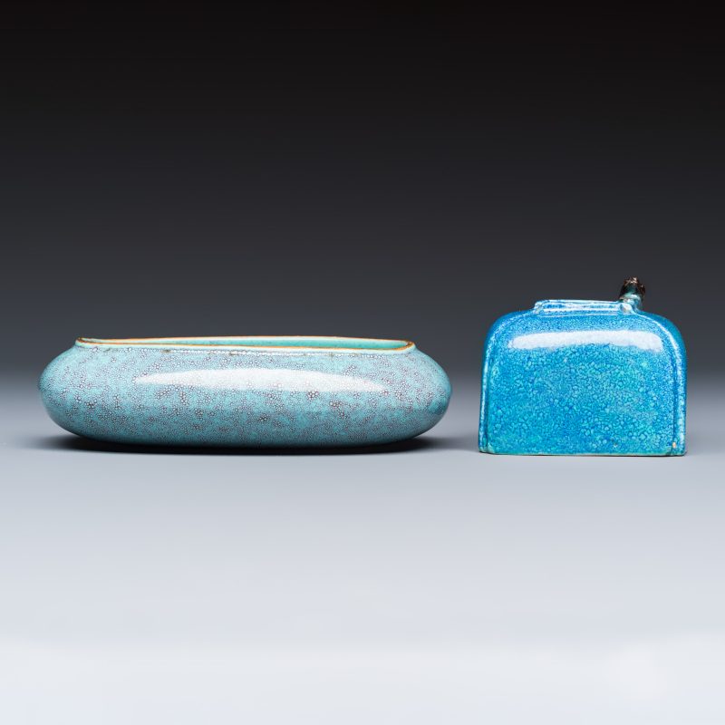 A Chinese robin’s egg-glazed 'Chilong' square brush pot and a brush washer - 图4