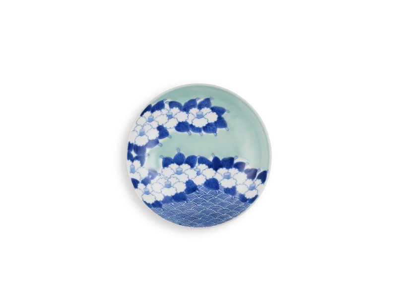 A porcelain dish, Nabeshima ware, Hizen, Edo period, late 17th – early 18th century | 青磁染付椿文皿　肥前　鍋島藩窯　江戸時代中期　17世紀後半～18世紀前半