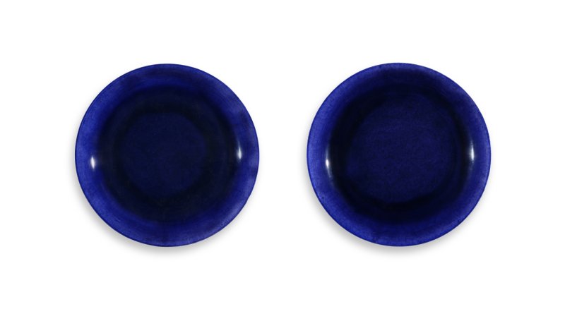 A fine pair of incised purple-glazed ‘dragon’ dishes, Marks and period of Kangxi | 清康熙　茄皮紫釉暗龍紋盤一對　《大清康熙年製》款