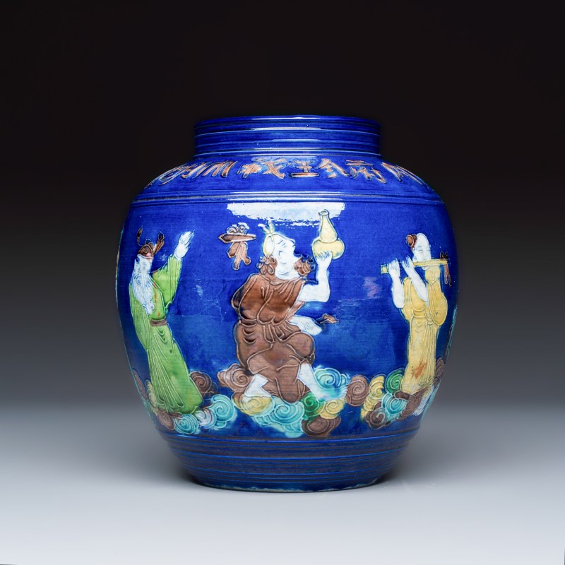 An inscribed Chinese polychrome-glazed blue-ground 'Eight Immortals' vase - 图4