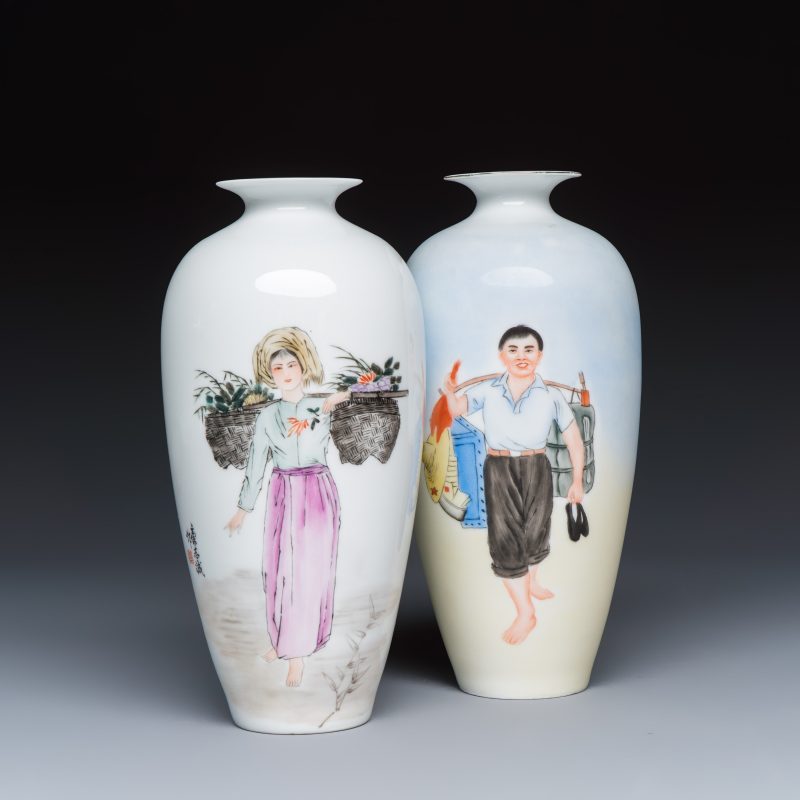 Two Chinese polychrome semi-eggshell vases with figural design