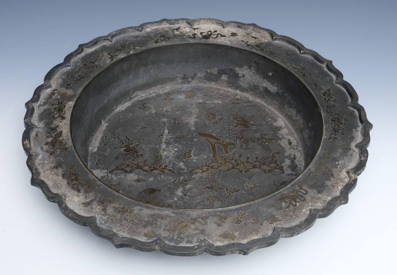A large mixed metal pewter inlay dish 'Leaping the Dragon Gate', Xi Lian Pen (wash basin) - 图9