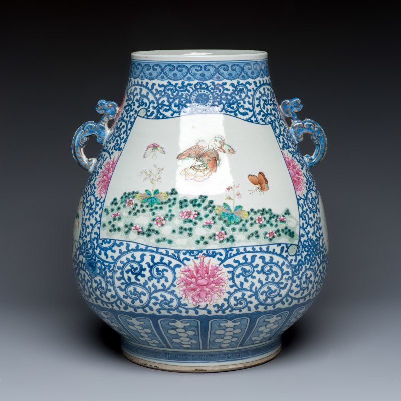 A large Chinese famille rose 'Hu' vase with birds and butterflies
