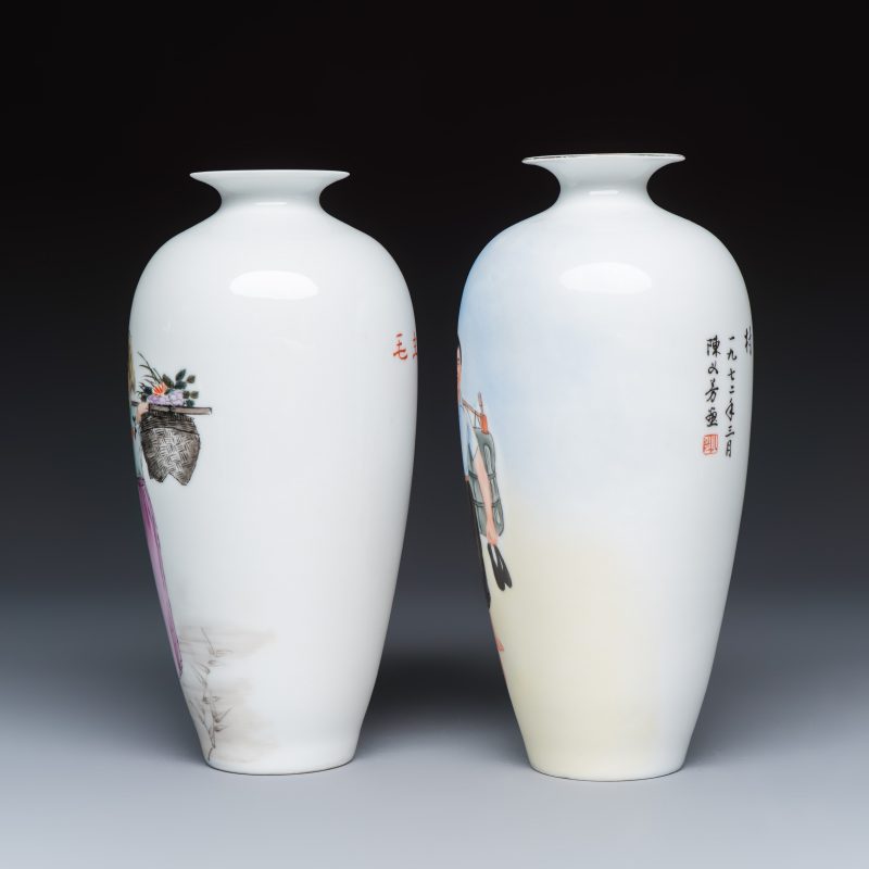 Two Chinese polychrome semi-eggshell vases with figural design - 图3