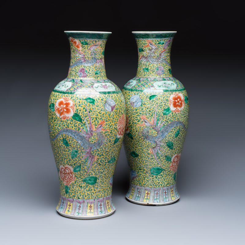 A pair of Chinese famille verte 'Phoenixes among Peonies' vases