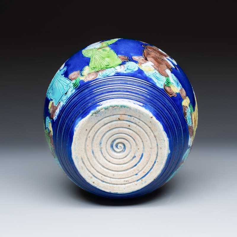 An inscribed Chinese polychrome-glazed blue-ground 'Eight Immortals' vase - 图7