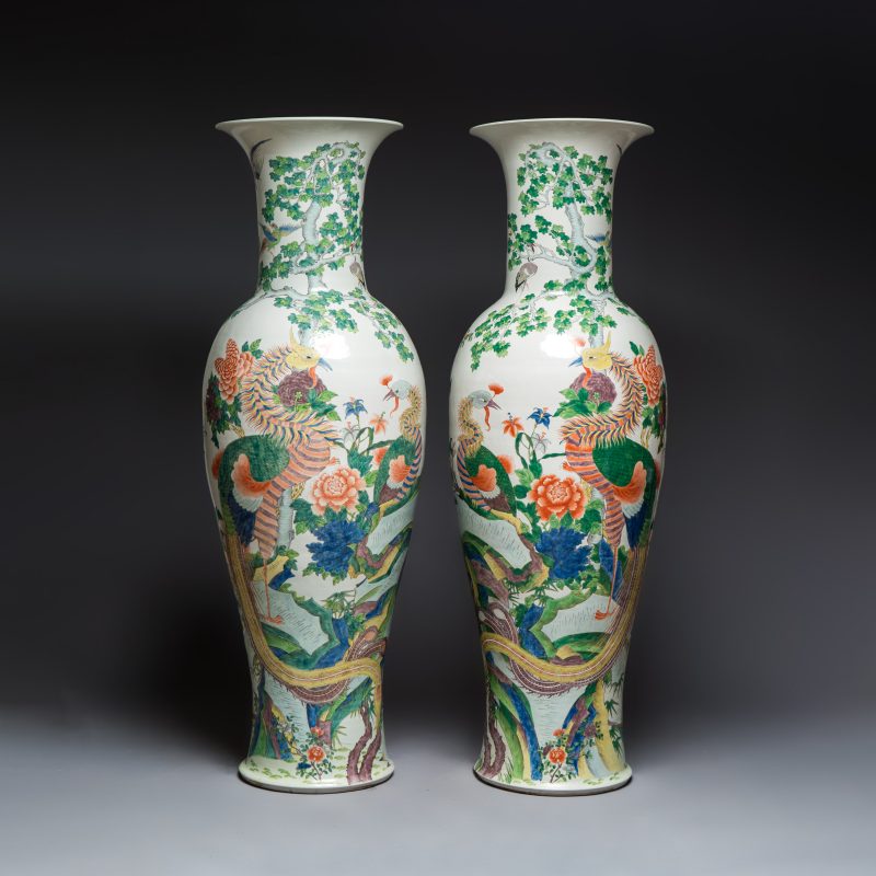 A massive pair of Chinese famille verte 'Phoenixes and Birds' vases