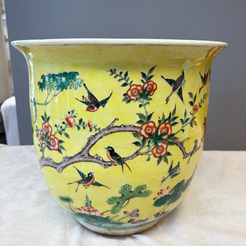 A Chinese famille verte yellow-ground 'Birds among Flowering Branches' jardinière - 图14