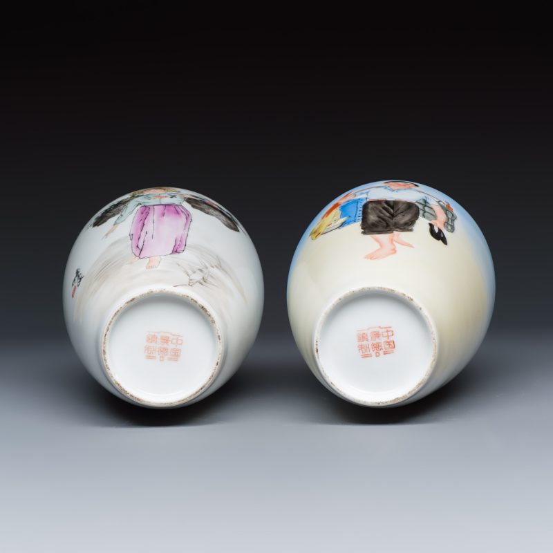 Two Chinese polychrome semi-eggshell vases with figural design - 图7