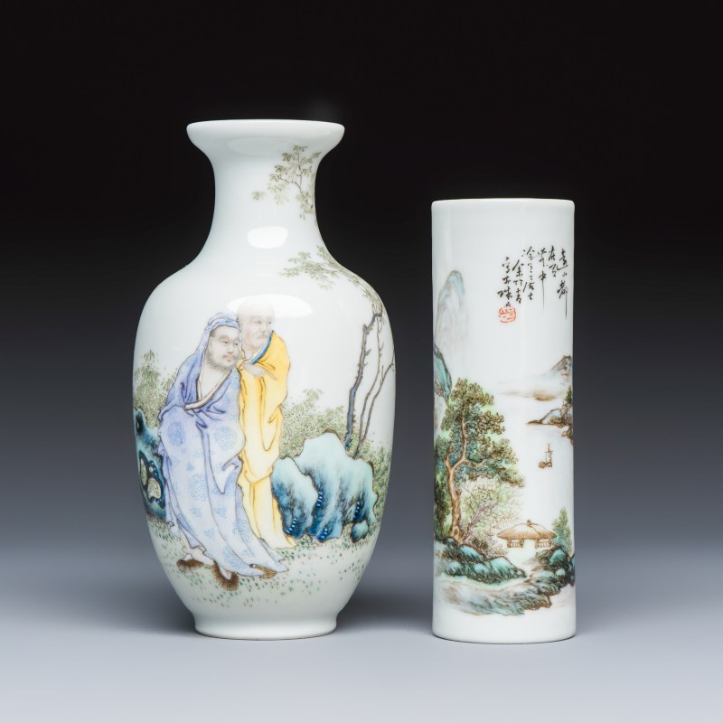 A Chinese famille rose vase and a qianjiang cai incense stick holder