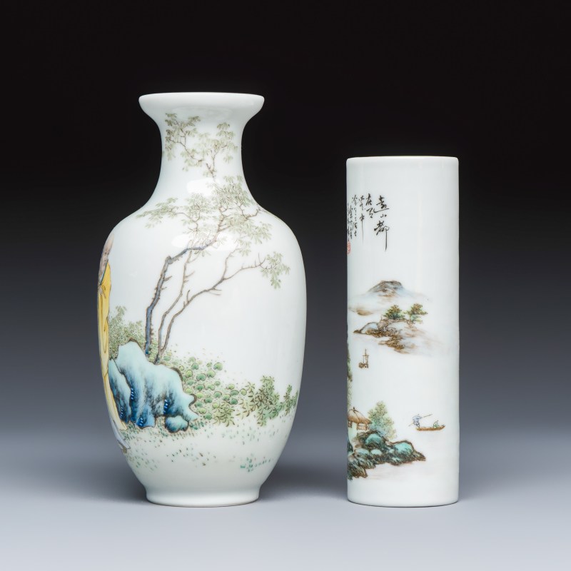 A Chinese famille rose vase and a qianjiang cai incense stick holder - 图2