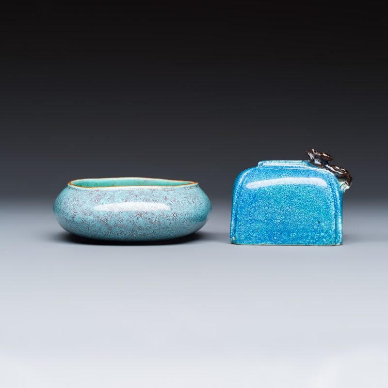 A Chinese robin’s egg-glazed 'Chilong' square brush pot and a brush washer - 图5