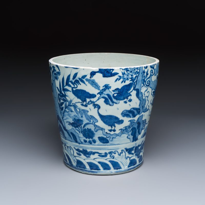 A Chinese blue and white vessel with geese in a landscape