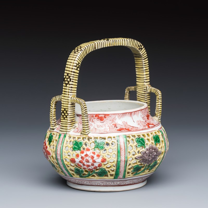 A rare Chinese verte biscuit reticulated basket
