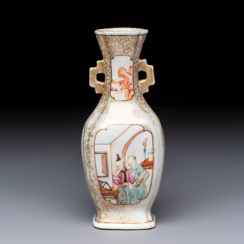 A Chinese Canton famille rose gilt-decorated vase with figural design