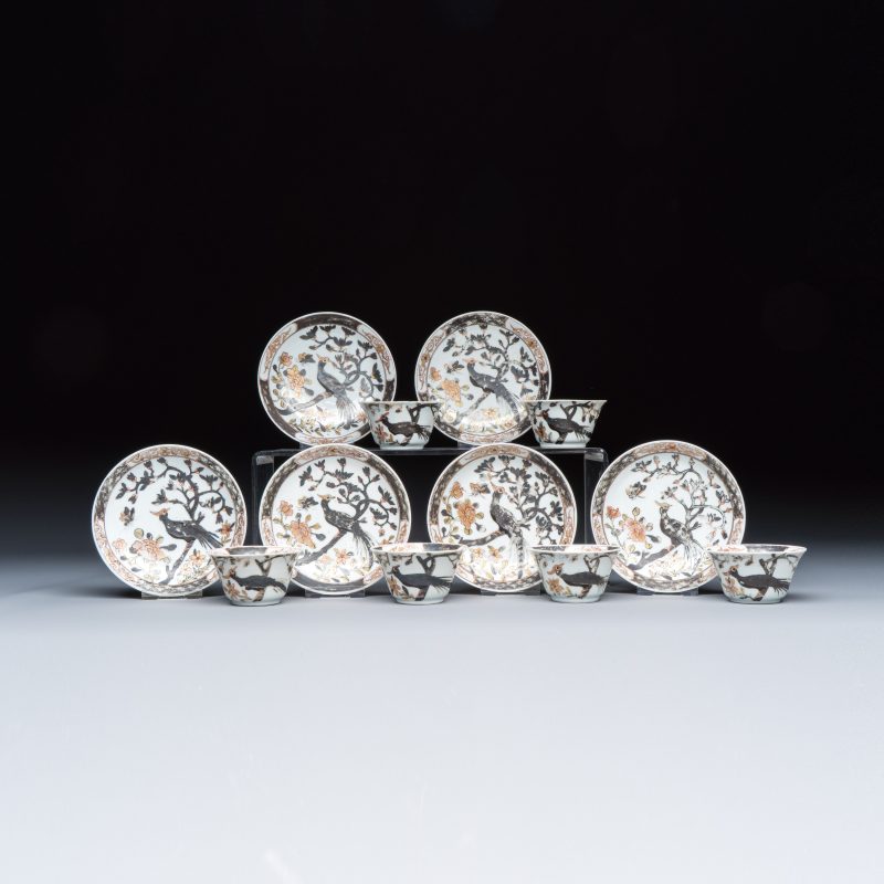 A set of six Chinese silver and gilt-decorated 'Pheasants Among Flowering Branches' tea bowls and saucers