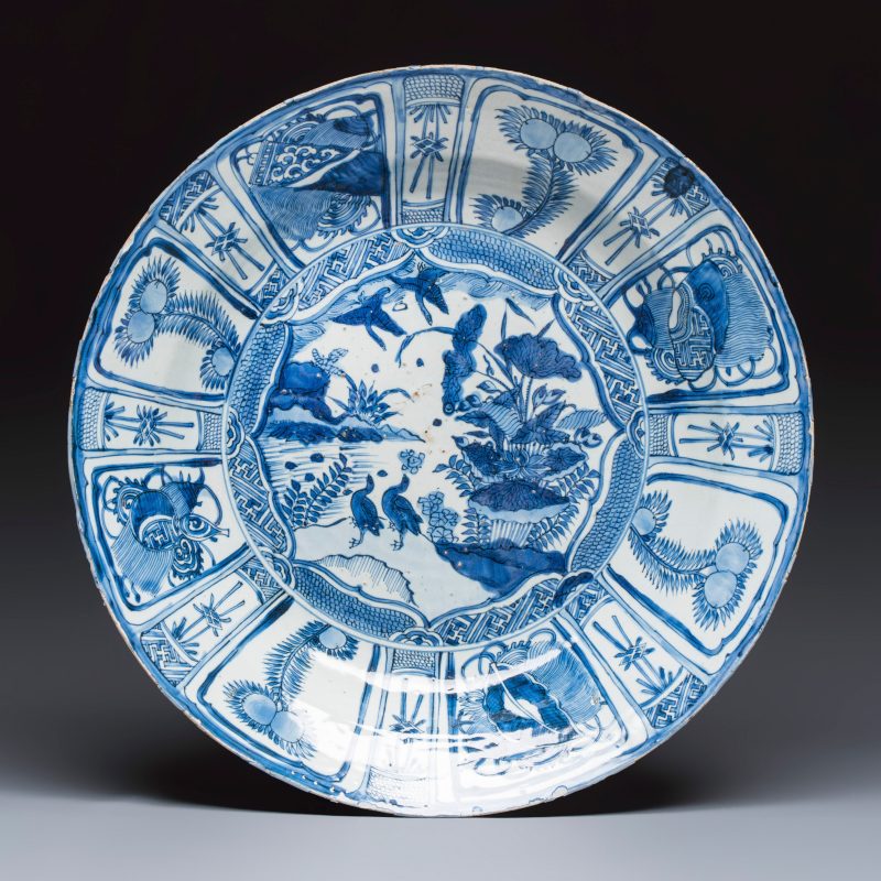 A large Chinese blue and white 'Geese' dish