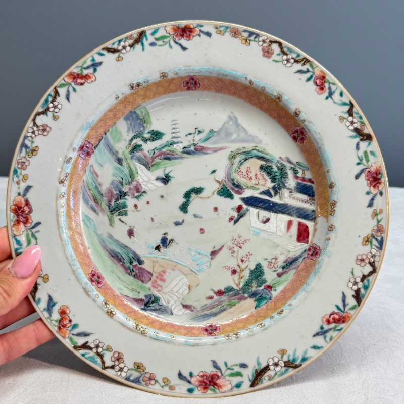 Four Chinese famille rose plates with floral and landscape design - 图41