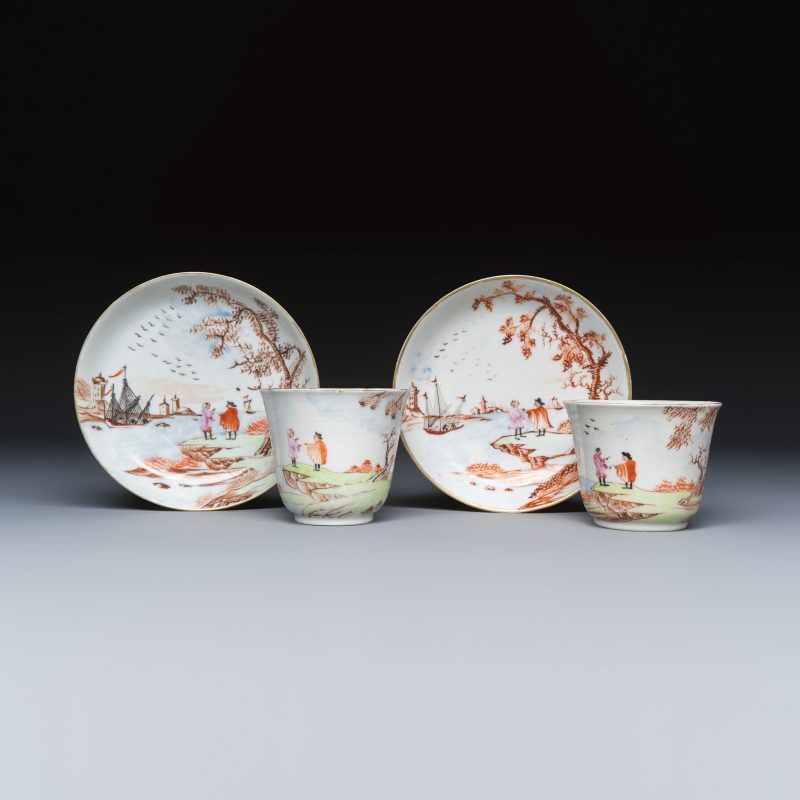 A pair of Chinese famille rose Meissen-style tea bowls and saucers with a harbour scene