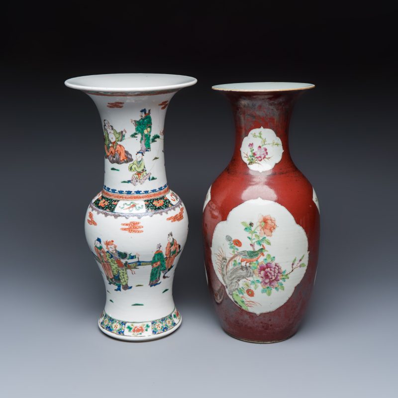 A Chinese famille verte 'Yenyen' vase and a famille rose red-ground vase