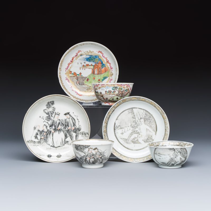 Three sets of Chinese export famille rose and grisaille 'European Subject' tea bowls and saucers