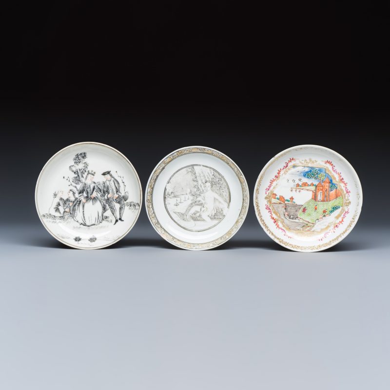 Three sets of Chinese export famille rose and grisaille 'European Subject' tea bowls and saucers - 图2