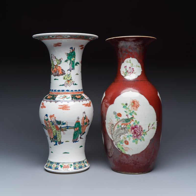A Chinese famille verte 'Yenyen' vase and a famille rose red-ground vase - 图2