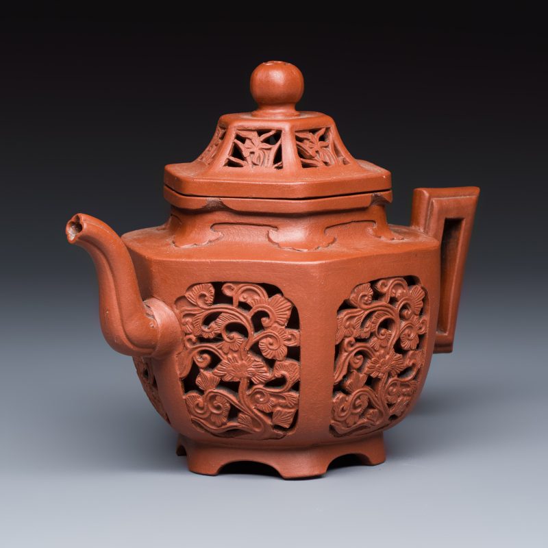A Chinese Yixing stoneware openworked double-walled teapot and cover with floral design - 图1