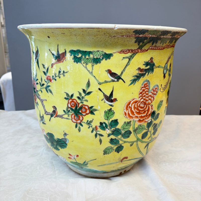 A Chinese famille verte yellow-ground 'Birds among Flowering Branches' jardinière - 图16