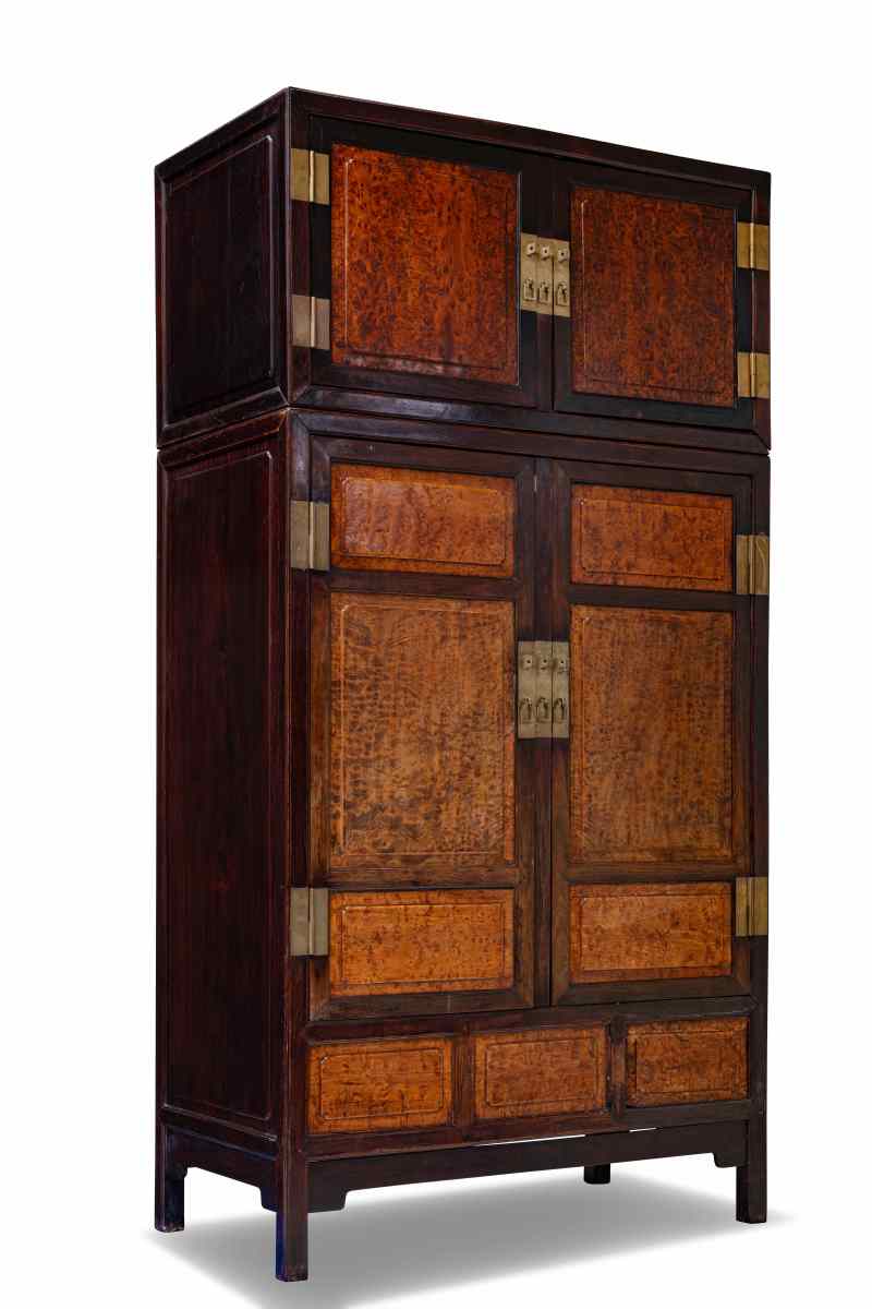 A pair of large hongmu and burl wood compound cabinets and hat chests - 图3