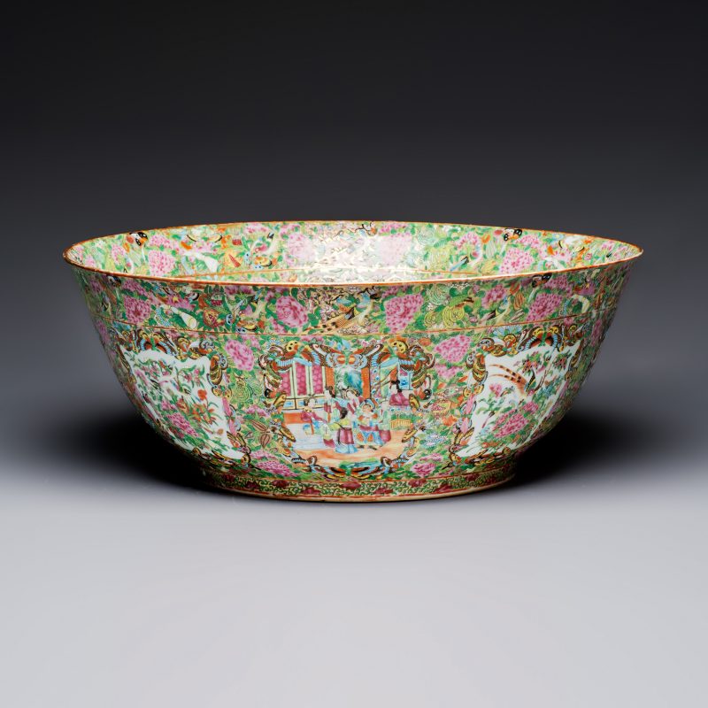 A massive Chinese Canton export famille rose punch bowl with narrative design