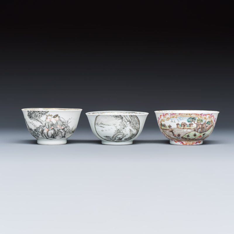 Three sets of Chinese export famille rose and grisaille 'European Subject' tea bowls and saucers - 图4